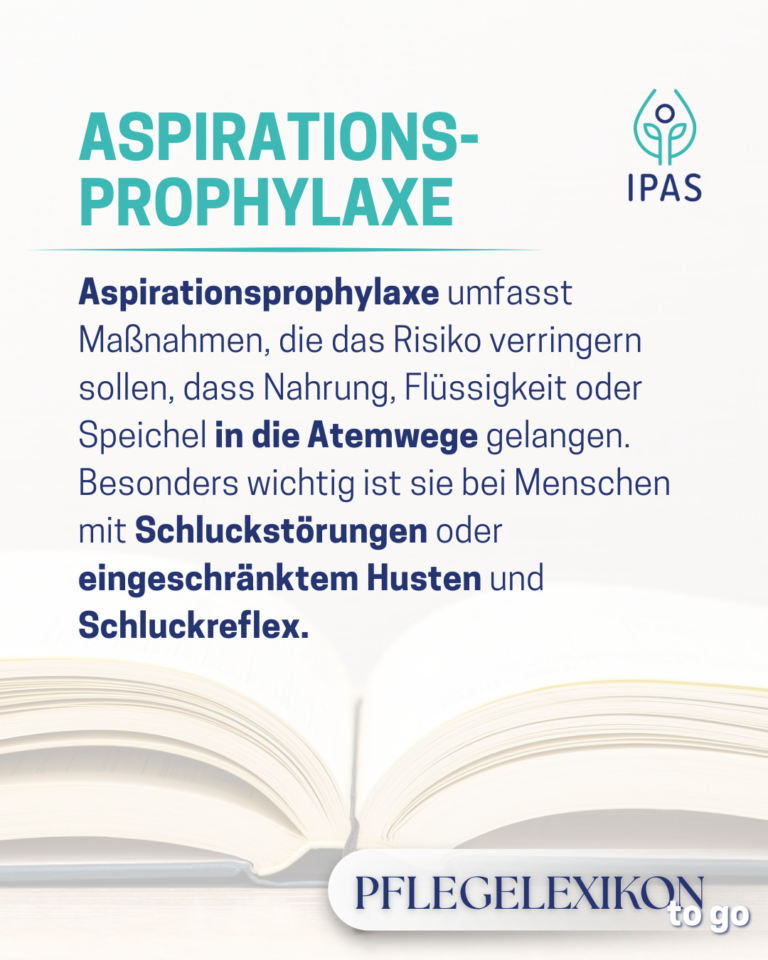 Auf dem Bild sieht man ein aufgeschlagenes Buch. Es liegt auf einem weißen Tisch, der Hintergrund ist weiß. Im Vordergrund sieht man eine Begriffserklärung als blauen und türkisen Text. Symbolisch für: Pflegelexikon: Aspirationsprophylaxe einfach erklärt